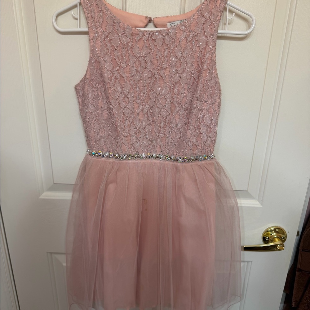 Juniors’ Light Pink Lace Mini Dress by Speechless